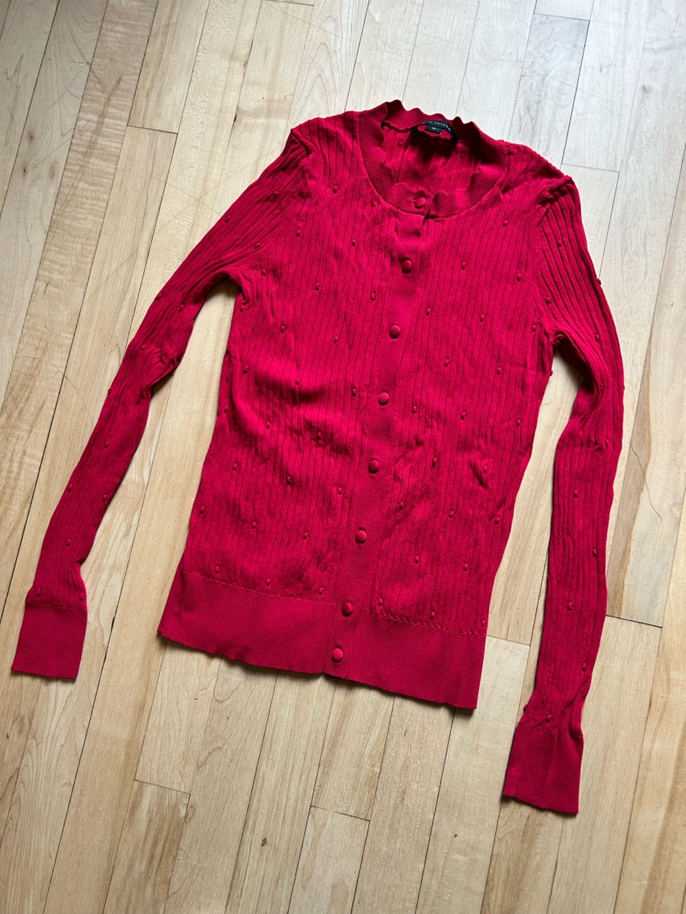 Ann Taylor Red Ribbed Button-Front Cardigan - Picture 2 of 5